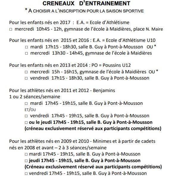Creneaux d entrainements 2