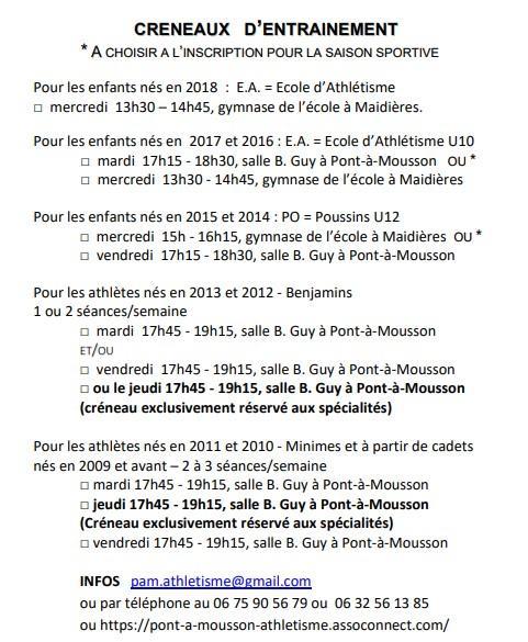 Creneaux entrainements 2024 2026