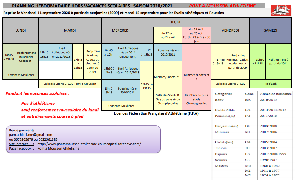 Planning hebdomadaire saison 2020 2021