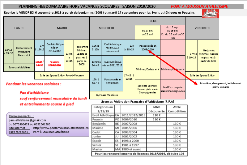 Planning pont a mousson athletisme saison 2019 2020 11 sept